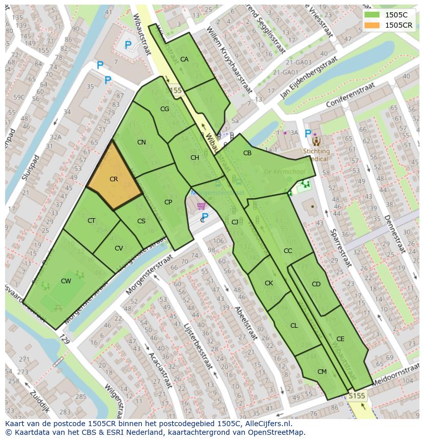 Afbeelding van het postcodegebied 1505 CR op de kaart.