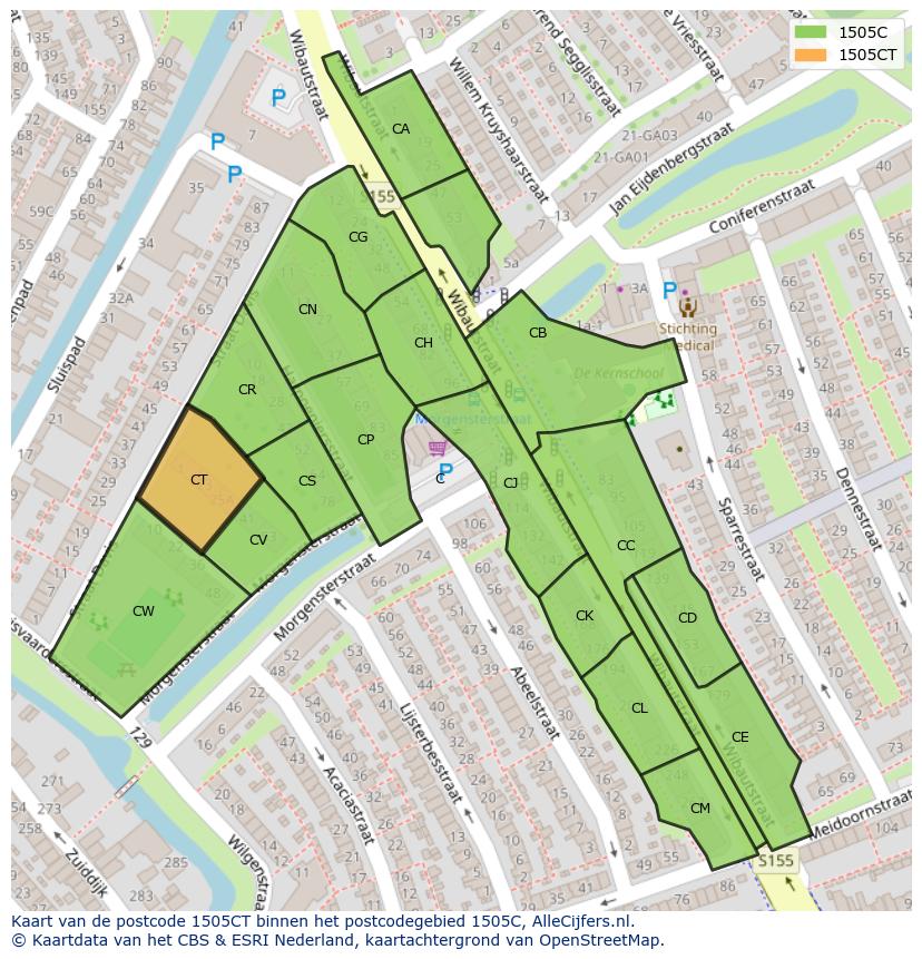 Afbeelding van het postcodegebied 1505 CT op de kaart.