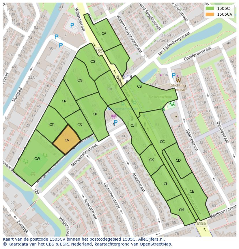 Afbeelding van het postcodegebied 1505 CV op de kaart.