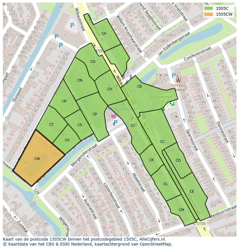 Afbeelding van het postcodegebied 1505 CW op de kaart.