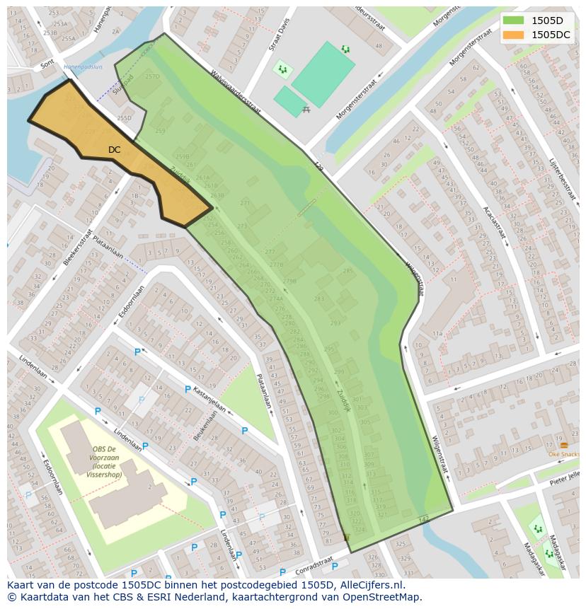 Afbeelding van het postcodegebied 1505 DC op de kaart.