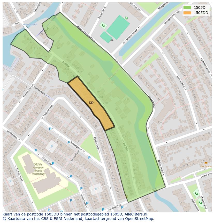 Afbeelding van het postcodegebied 1505 DD op de kaart.