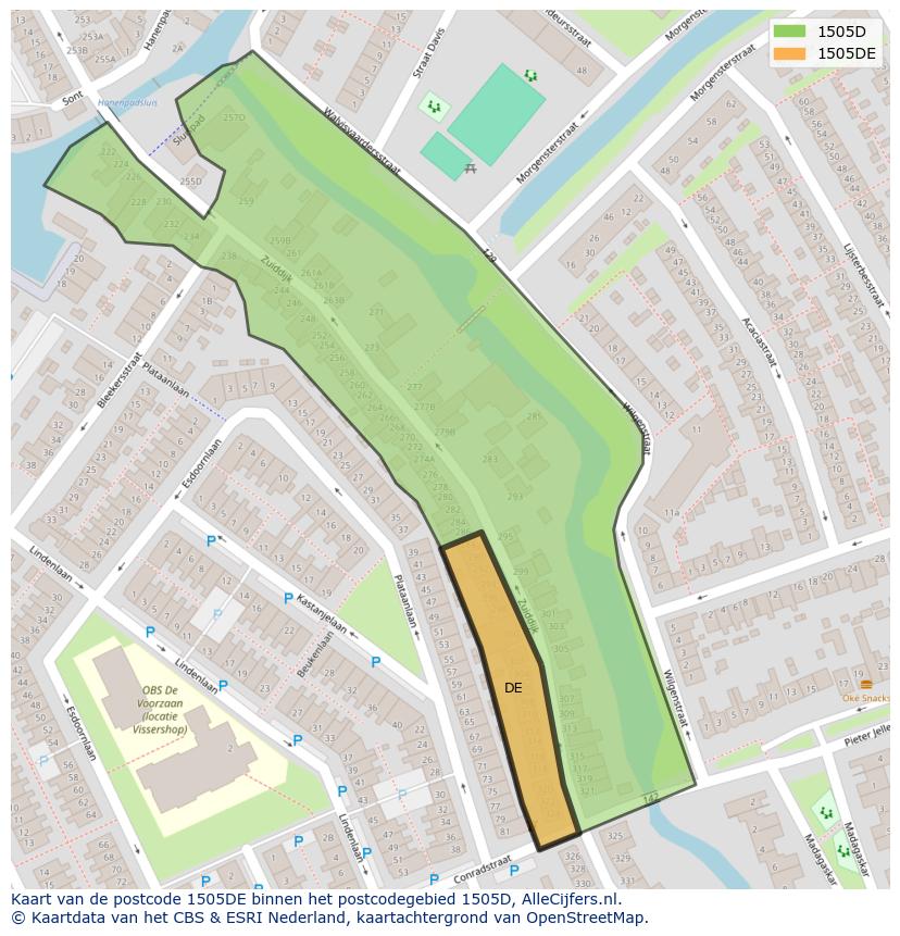 Afbeelding van het postcodegebied 1505 DE op de kaart.
