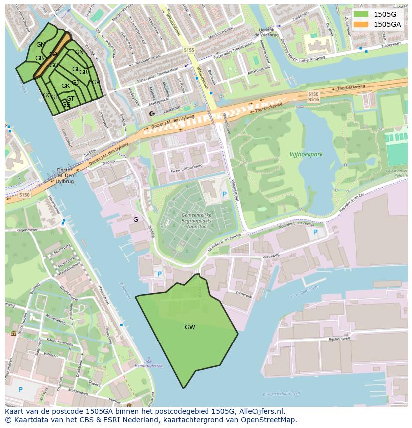 Afbeelding van het postcodegebied 1505 GA op de kaart.