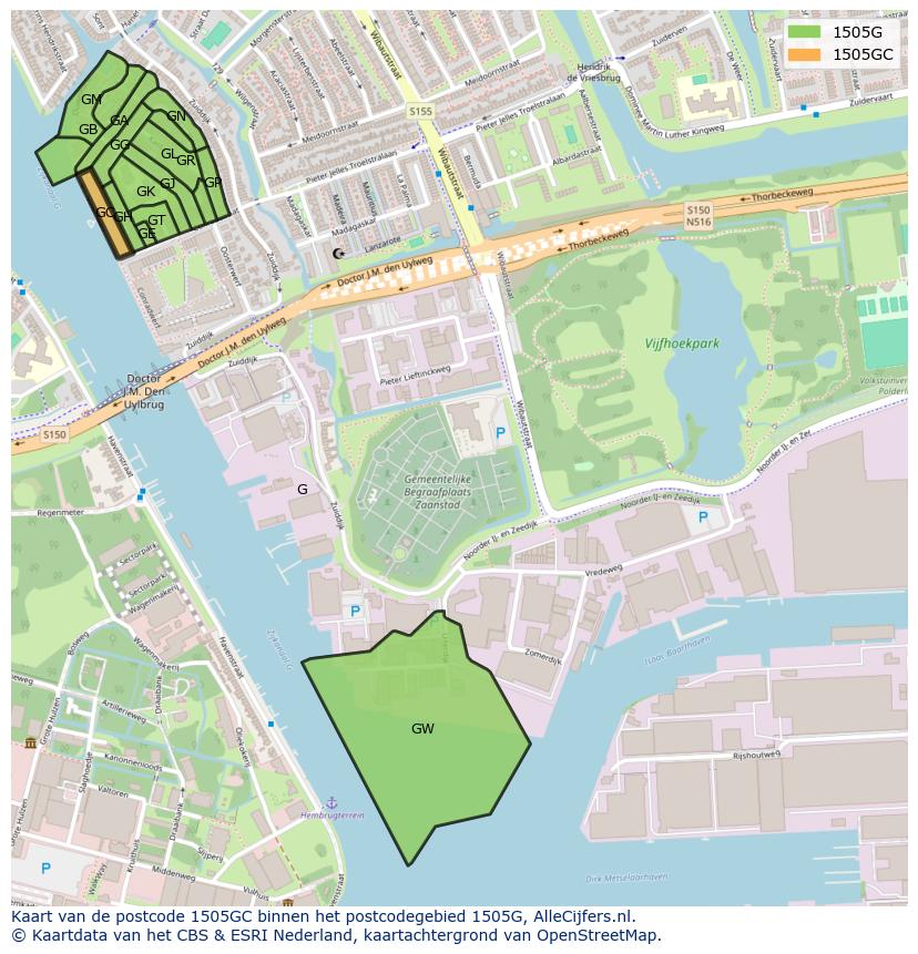 Afbeelding van het postcodegebied 1505 GC op de kaart.