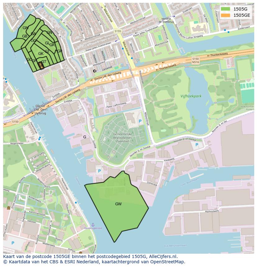 Afbeelding van het postcodegebied 1505 GE op de kaart.