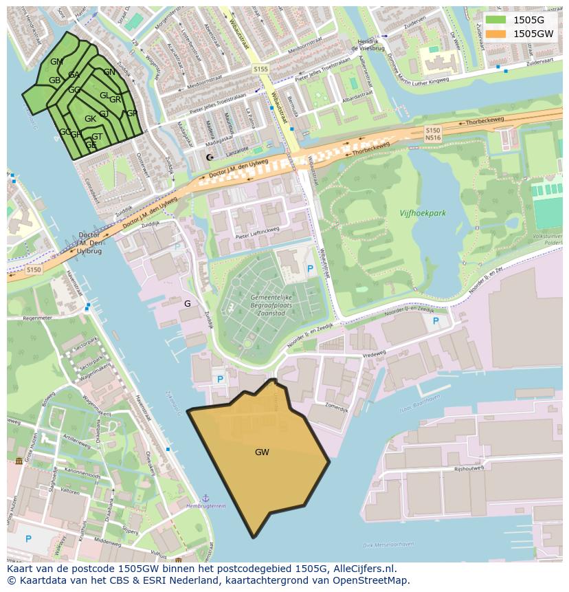 Afbeelding van het postcodegebied 1505 GW op de kaart.