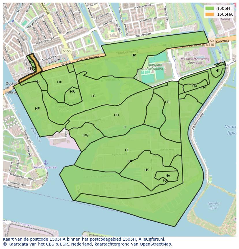 Afbeelding van het postcodegebied 1505 HA op de kaart.