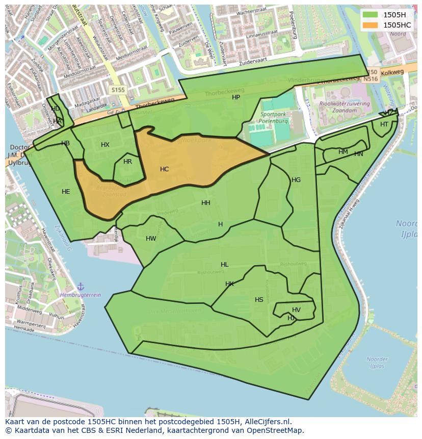 Afbeelding van het postcodegebied 1505 HC op de kaart.