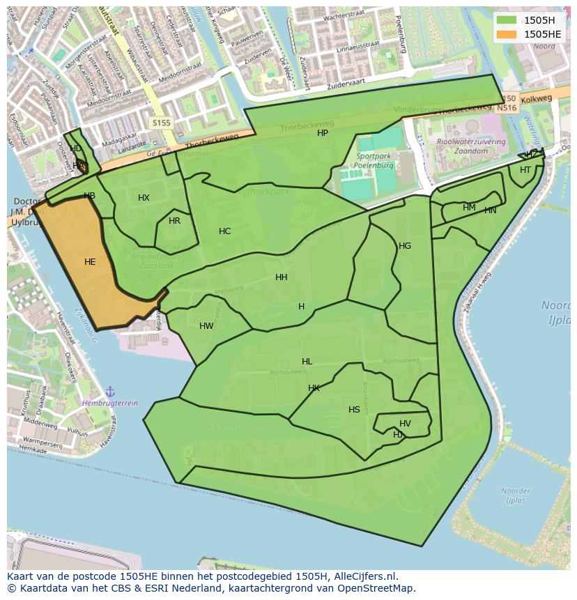 Afbeelding van het postcodegebied 1505 HE op de kaart.