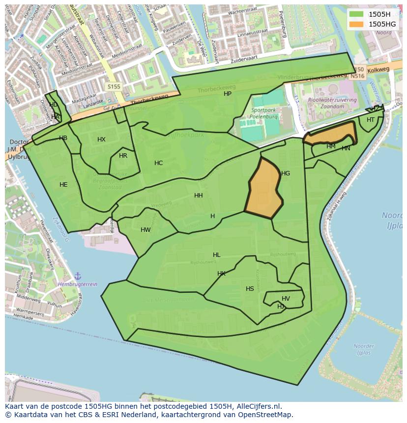 Afbeelding van het postcodegebied 1505 HG op de kaart.