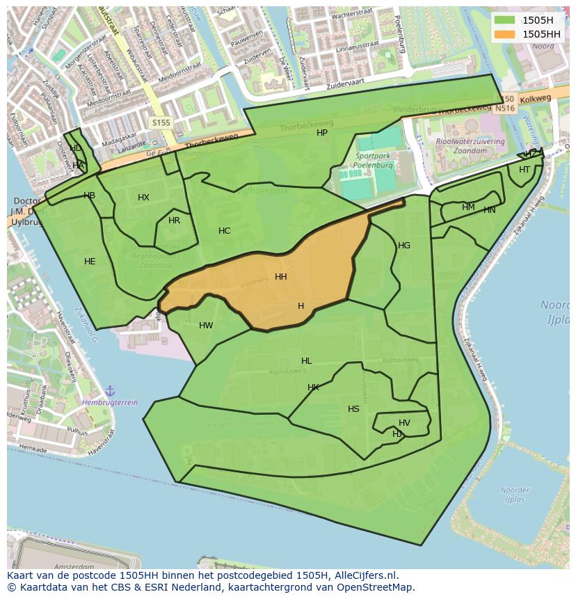 Afbeelding van het postcodegebied 1505 HH op de kaart.