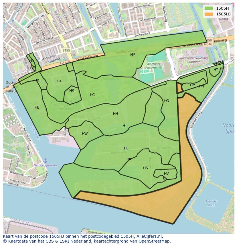 Afbeelding van het postcodegebied 1505 HJ op de kaart.