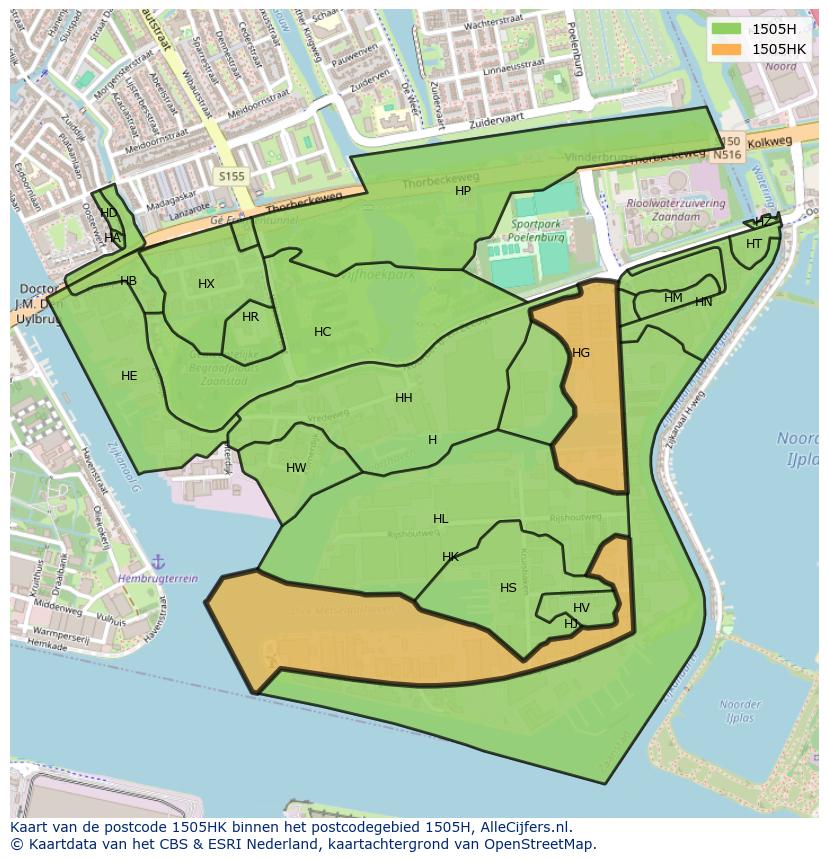 Afbeelding van het postcodegebied 1505 HK op de kaart.