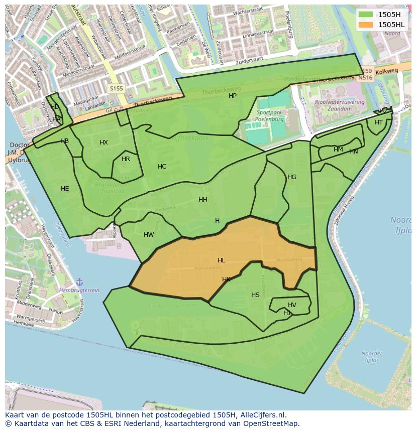Afbeelding van het postcodegebied 1505 HL op de kaart.