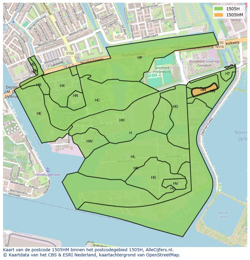 Afbeelding van het postcodegebied 1505 HM op de kaart.