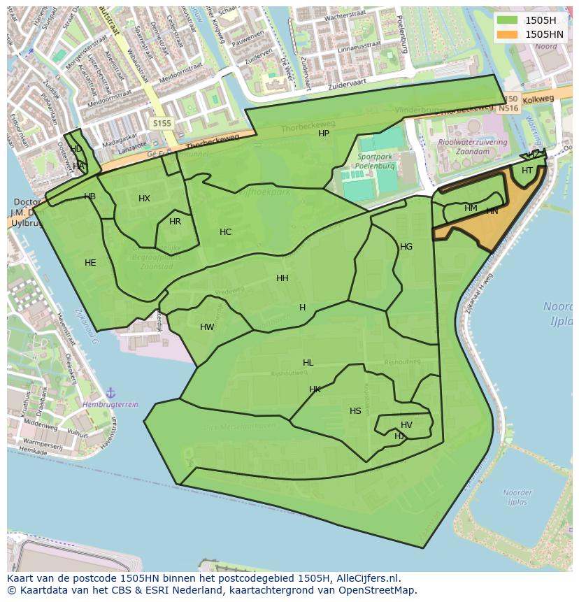 Afbeelding van het postcodegebied 1505 HN op de kaart.