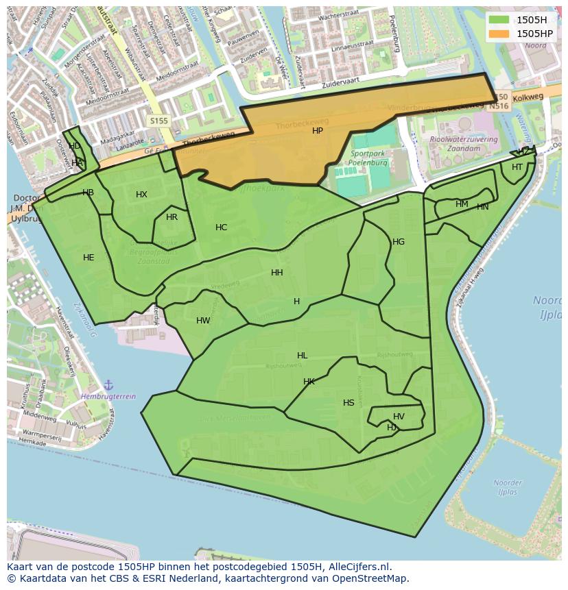 Afbeelding van het postcodegebied 1505 HP op de kaart.
