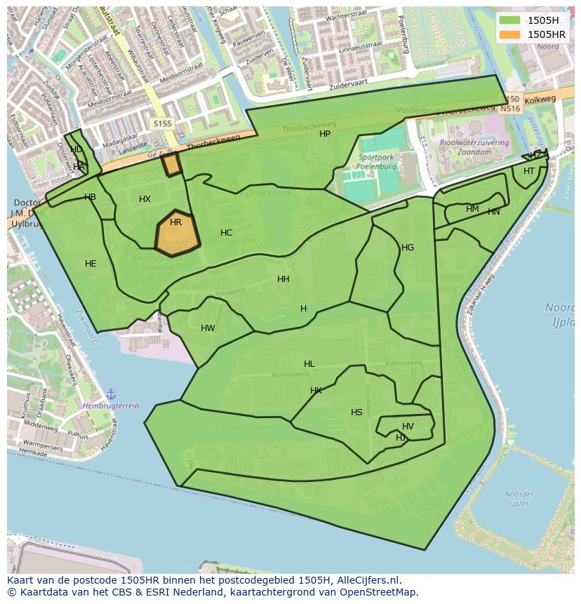Afbeelding van het postcodegebied 1505 HR op de kaart.
