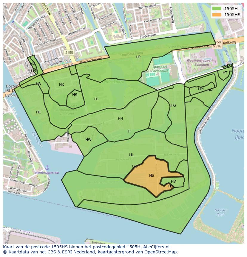 Afbeelding van het postcodegebied 1505 HS op de kaart.
