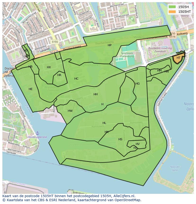 Afbeelding van het postcodegebied 1505 HT op de kaart.