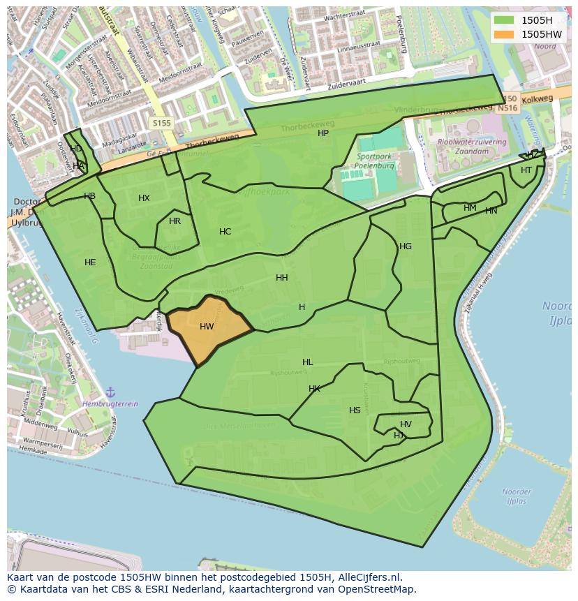Afbeelding van het postcodegebied 1505 HW op de kaart.