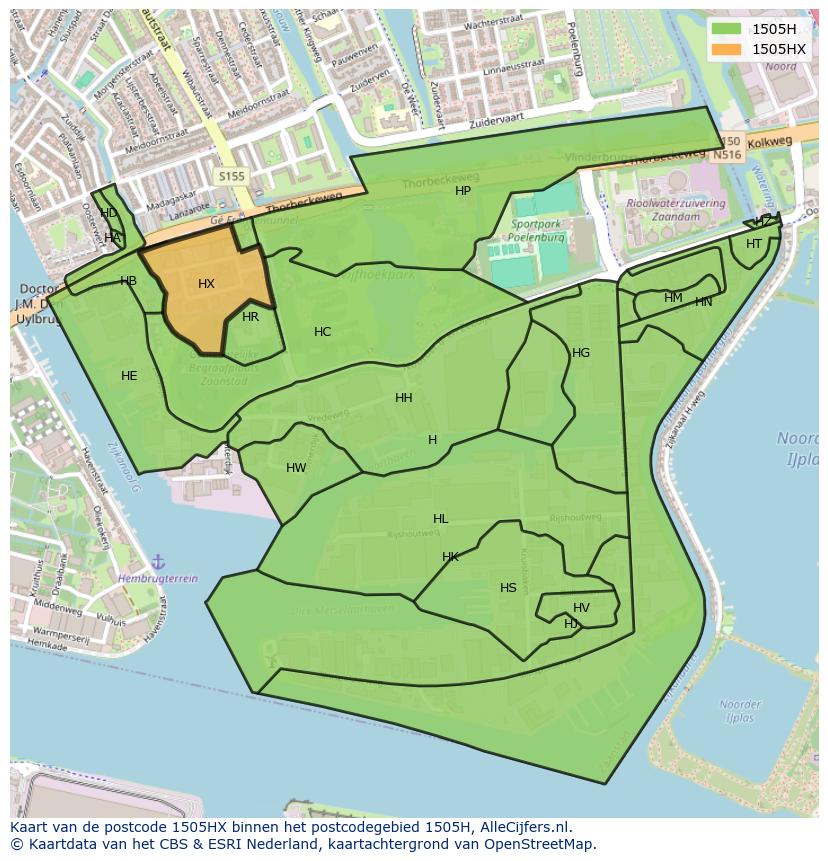 Afbeelding van het postcodegebied 1505 HX op de kaart.