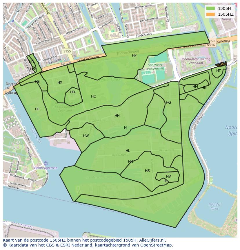 Afbeelding van het postcodegebied 1505 HZ op de kaart.
