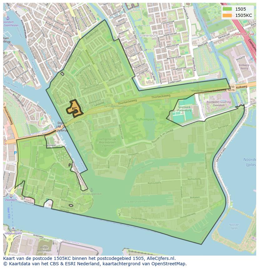 Afbeelding van het postcodegebied 1505 KC op de kaart.
