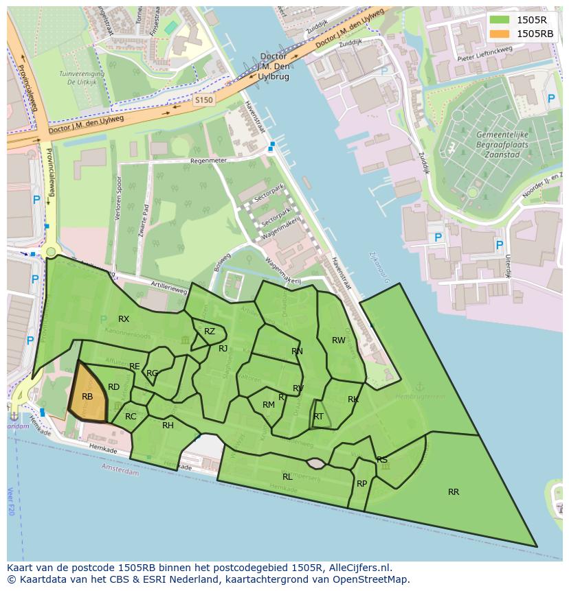 Afbeelding van het postcodegebied 1505 RB op de kaart.