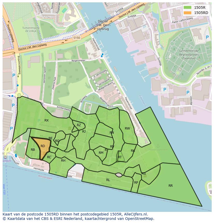 Afbeelding van het postcodegebied 1505 RD op de kaart.