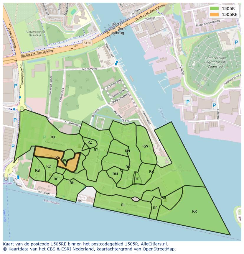 Afbeelding van het postcodegebied 1505 RE op de kaart.