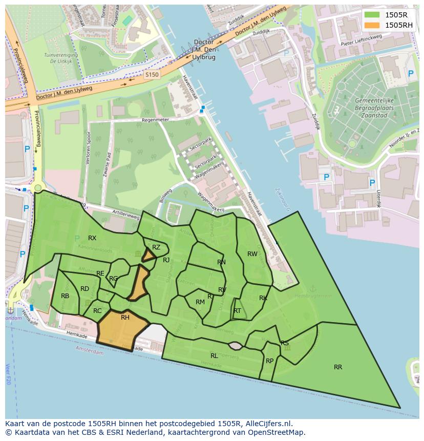Afbeelding van het postcodegebied 1505 RH op de kaart.