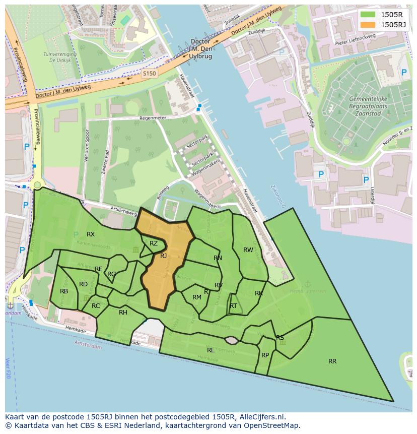 Afbeelding van het postcodegebied 1505 RJ op de kaart.