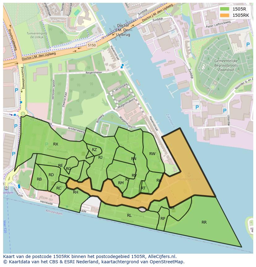 Afbeelding van het postcodegebied 1505 RK op de kaart.