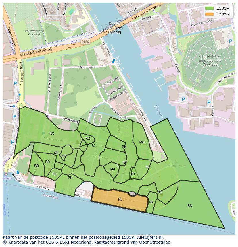 Afbeelding van het postcodegebied 1505 RL op de kaart.