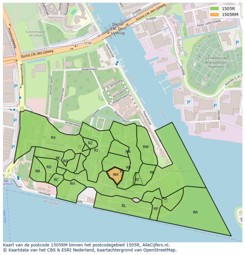 Afbeelding van het postcodegebied 1505 RM op de kaart.