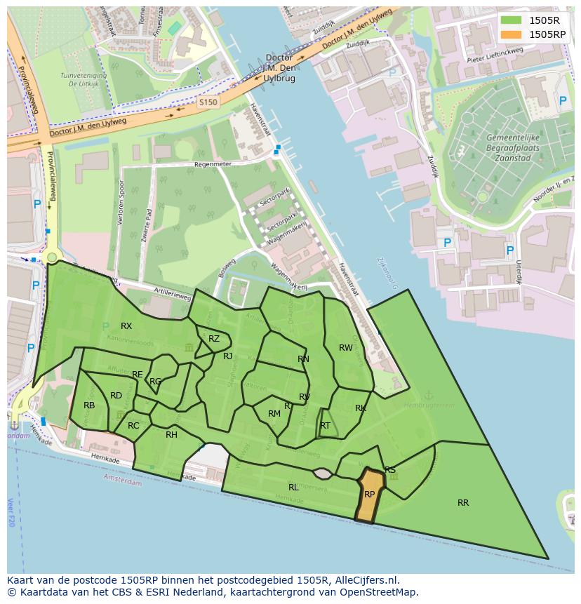 Afbeelding van het postcodegebied 1505 RP op de kaart.