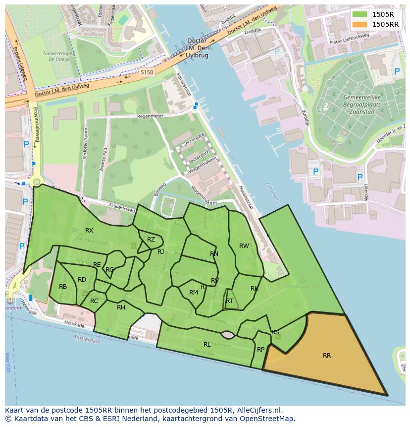 Afbeelding van het postcodegebied 1505 RR op de kaart.