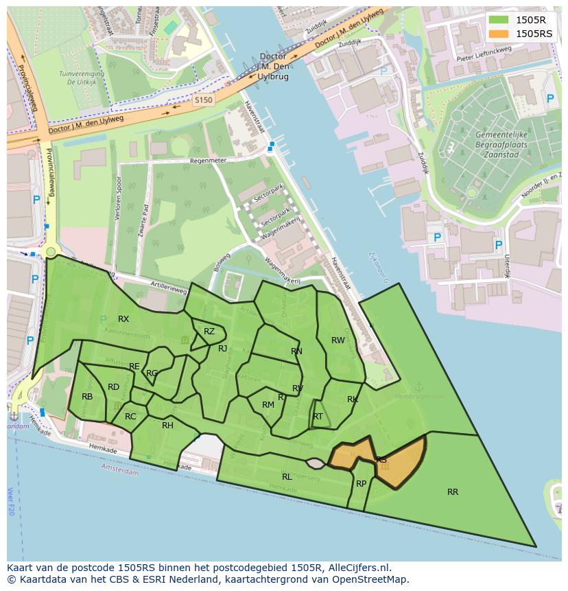 Afbeelding van het postcodegebied 1505 RS op de kaart.