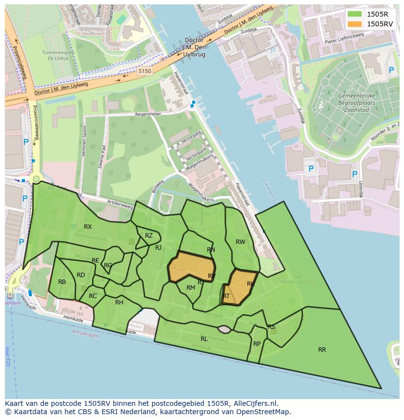 Afbeelding van het postcodegebied 1505 RV op de kaart.