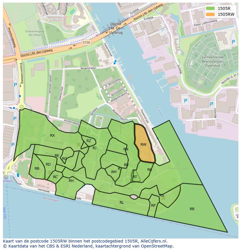 Afbeelding van het postcodegebied 1505 RW op de kaart.