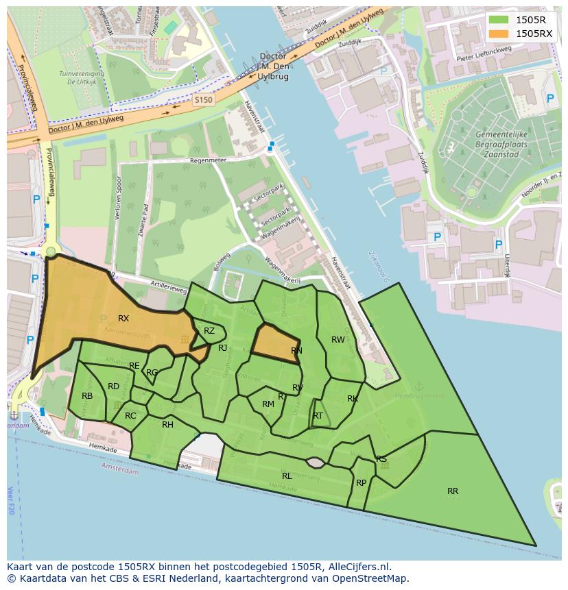 Afbeelding van het postcodegebied 1505 RX op de kaart.