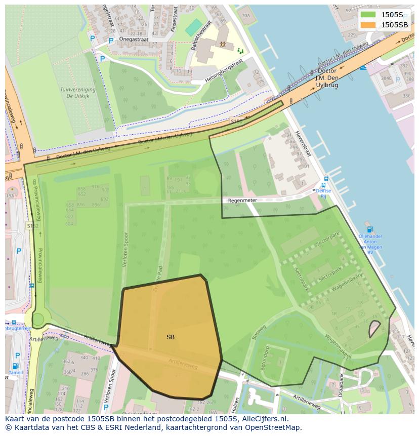 Afbeelding van het postcodegebied 1505 SB op de kaart.