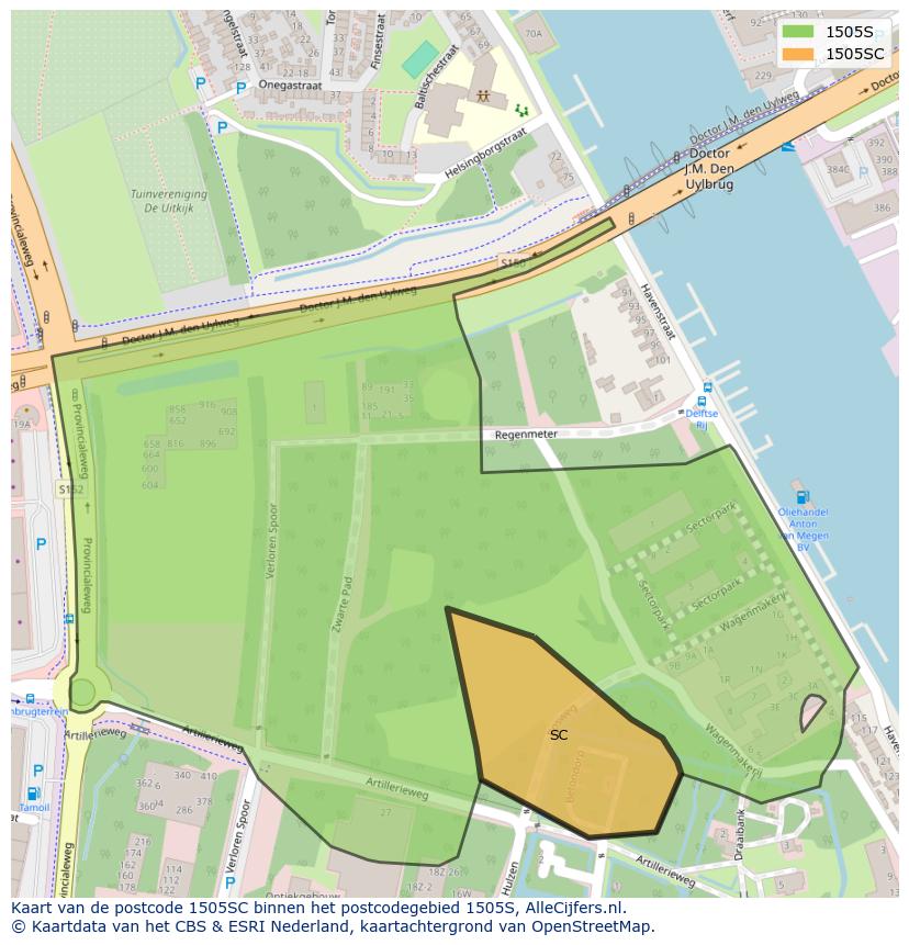 Afbeelding van het postcodegebied 1505 SC op de kaart.
