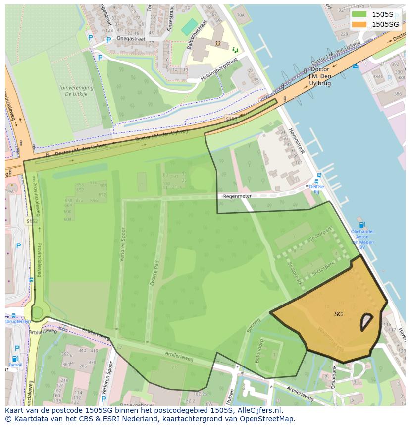 Afbeelding van het postcodegebied 1505 SG op de kaart.