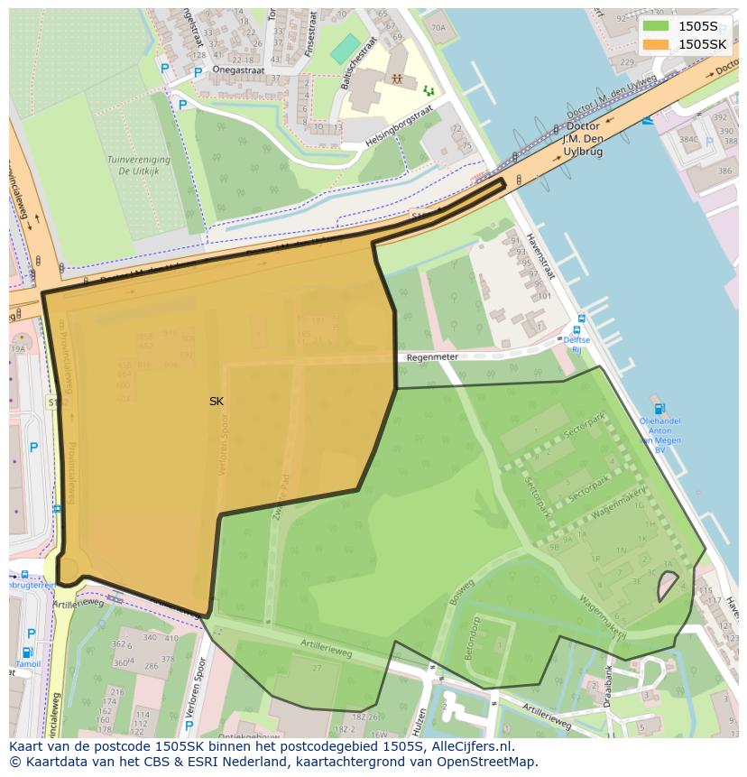 Afbeelding van het postcodegebied 1505 SK op de kaart.