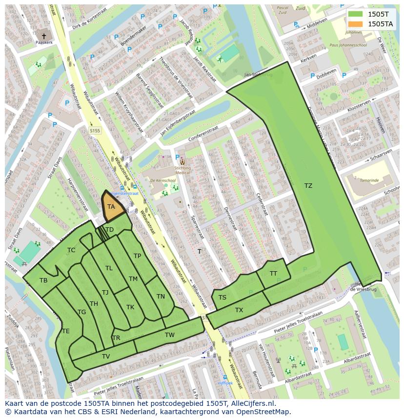 Afbeelding van het postcodegebied 1505 TA op de kaart.