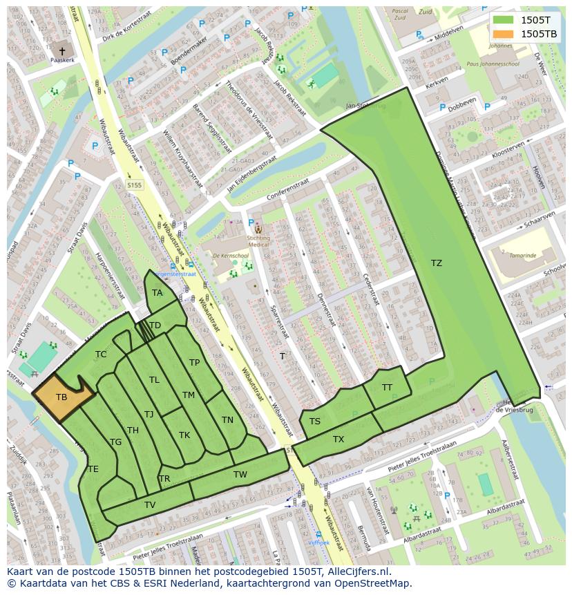 Afbeelding van het postcodegebied 1505 TB op de kaart.