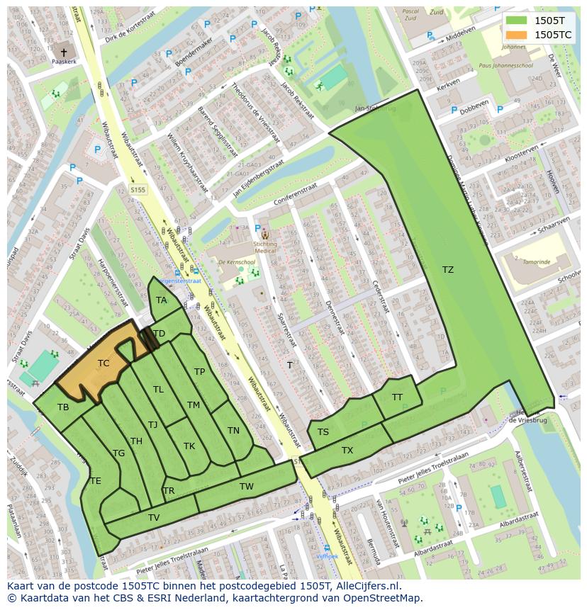 Afbeelding van het postcodegebied 1505 TC op de kaart.